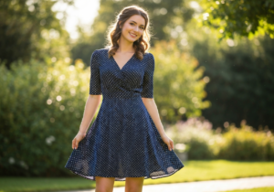 Młoda kobieta w granatowej sukience w białe grochy stoi w ogrodzie o miękkim świetle.