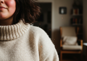 Osoba w wełnianym swetrze z delikatnymi iskrami statycznymi na tle rozmytym w wnętrzu